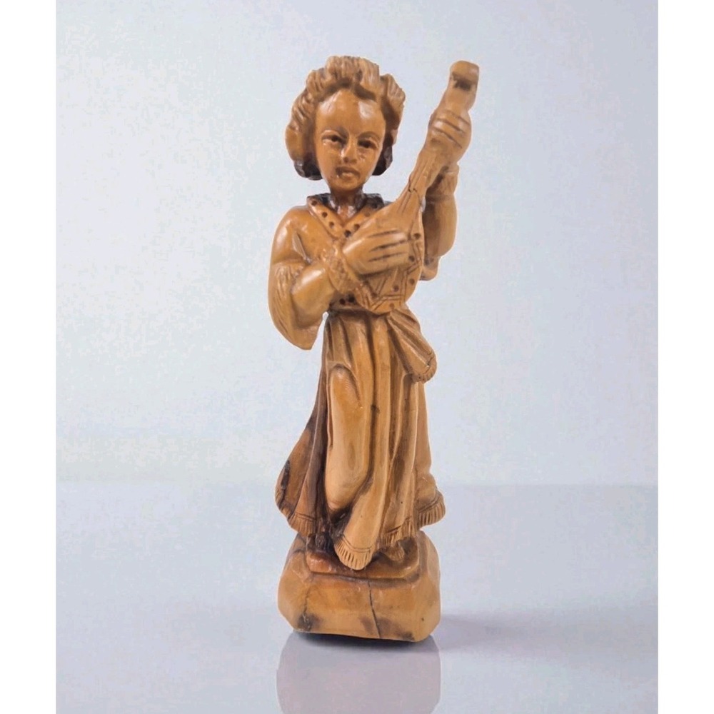 Vintage Olive Wood Hand-carved 9" Figure Playing Instrument Made In Israel READ